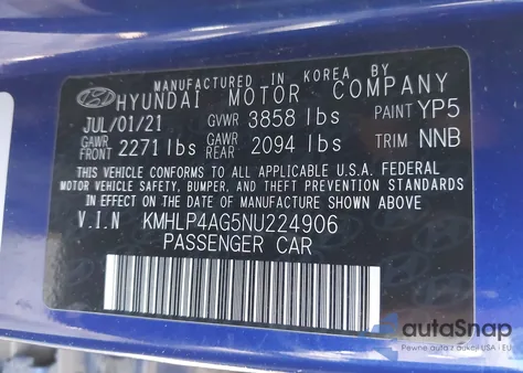 2022 Hyundai Elantra Limited z USA, uszkodzony, nr VIN KMHLP4AG5NU224906